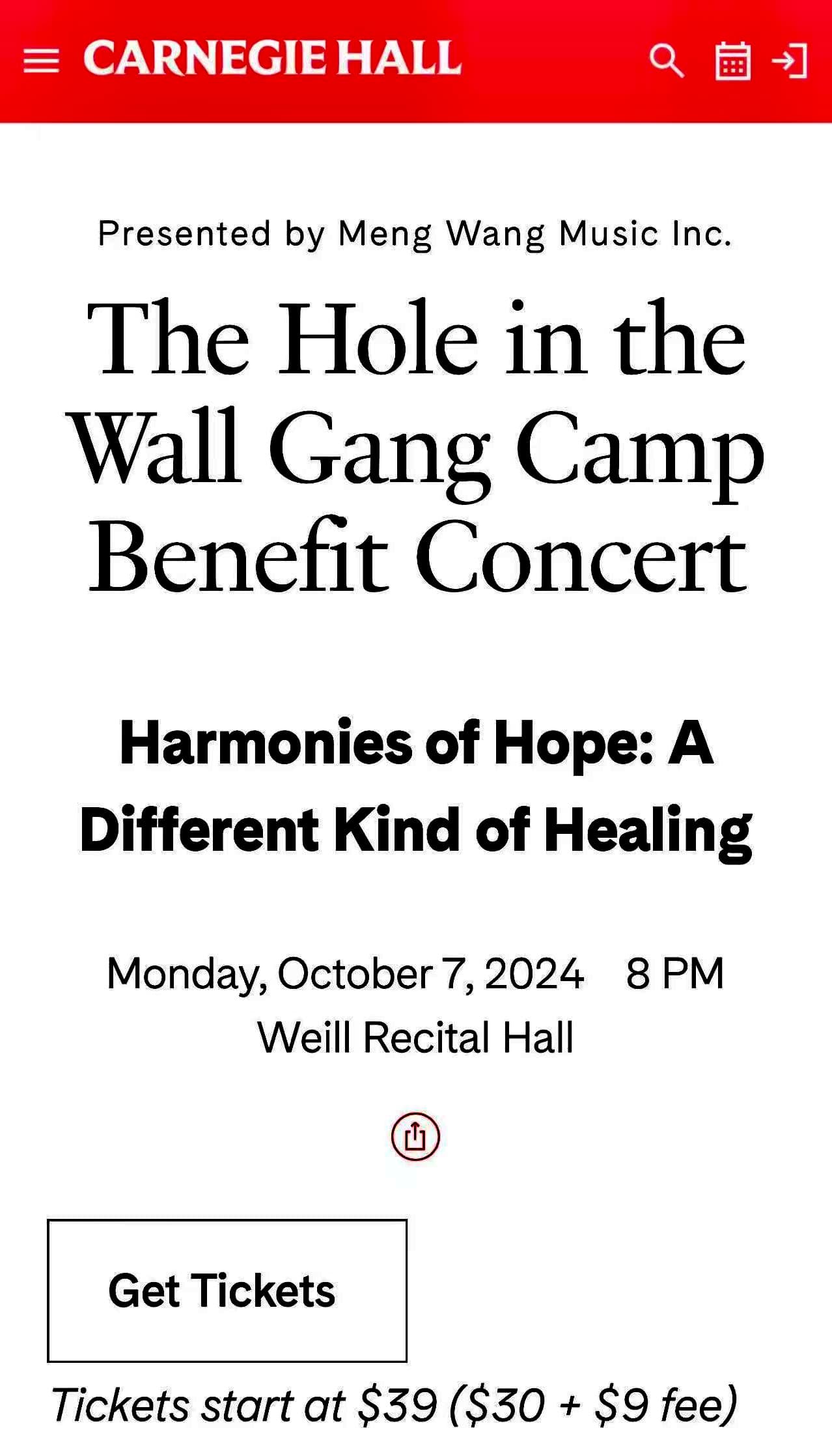 Carnegie Hall listing — The Hole in the Wall Gang Camp Benefit Concert
