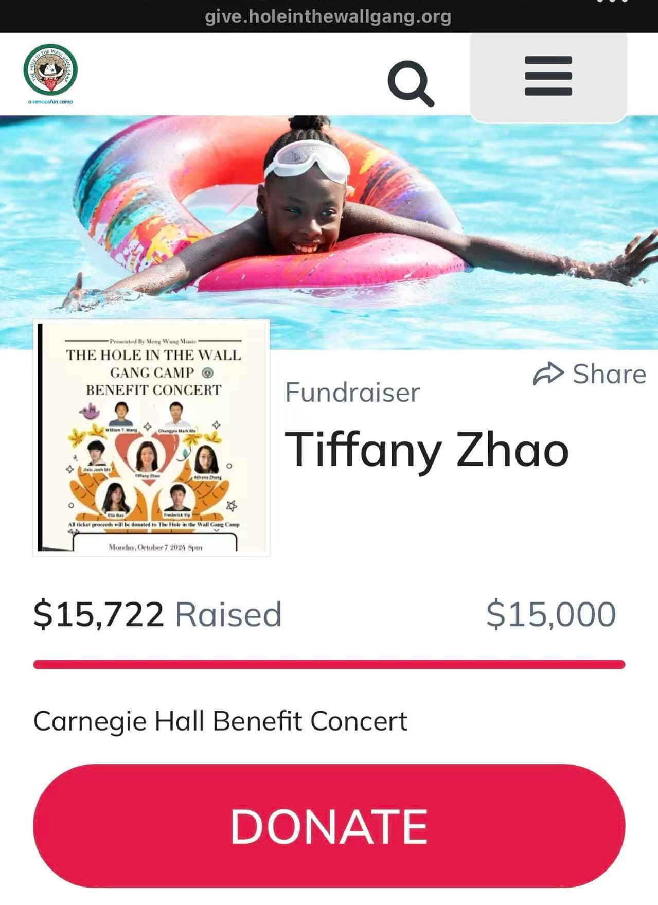 Hole in the Wall Gang Camp fundraiser — $15,722 raised by Tiffany Zhao